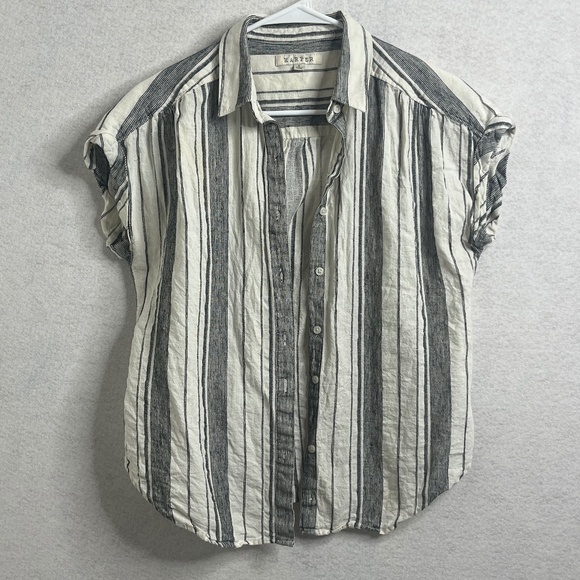 Harper Tops - Harper Striped Button Front Short Sleeve Blouse Small Neutral Minimalist